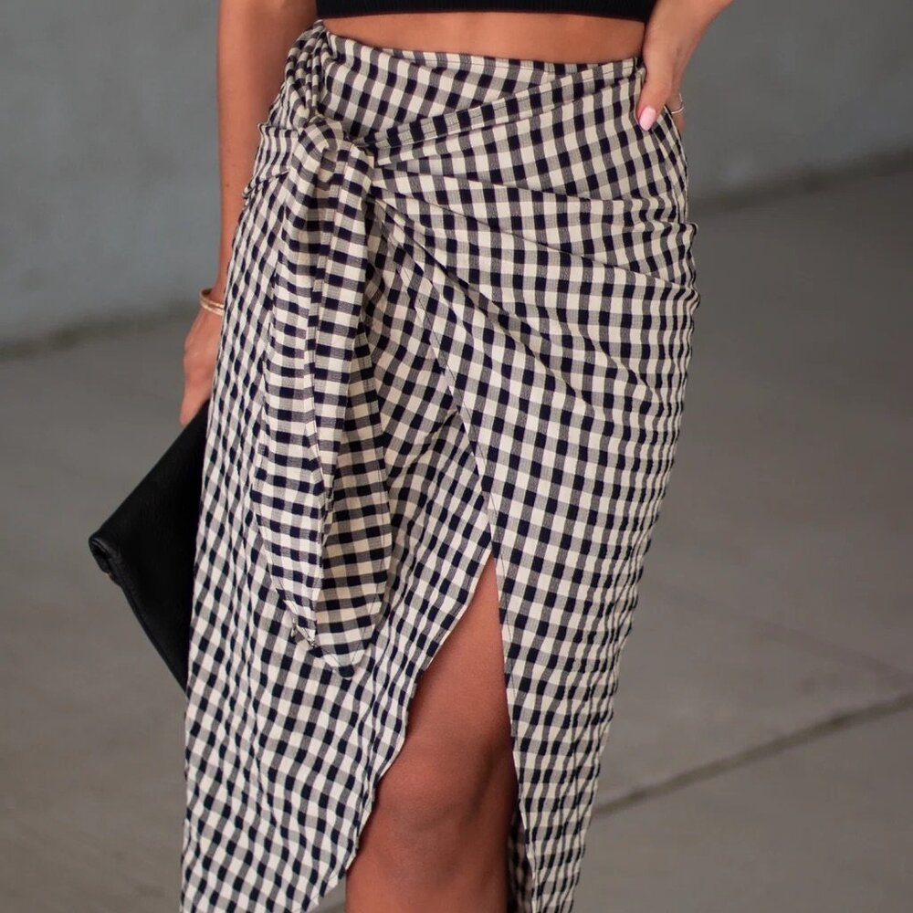 Good Kind Gingham Side Tie Midi Skirt XL